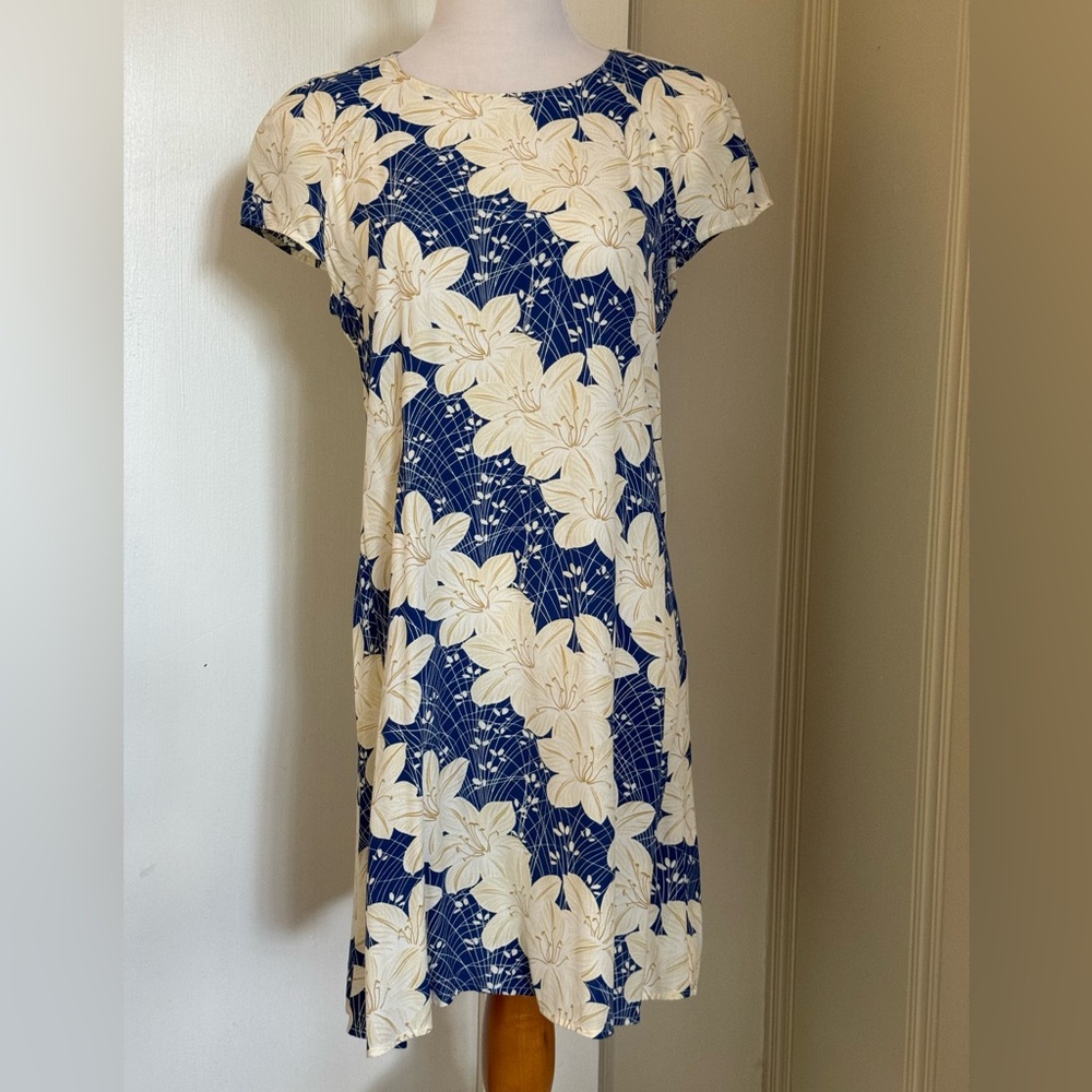 Zara blue dress with cream and yellow lily print